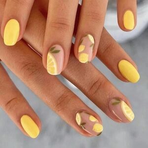 🆕 Yellow Glossy Short Square Nails With Fresh Lemon Design Theme BNIB